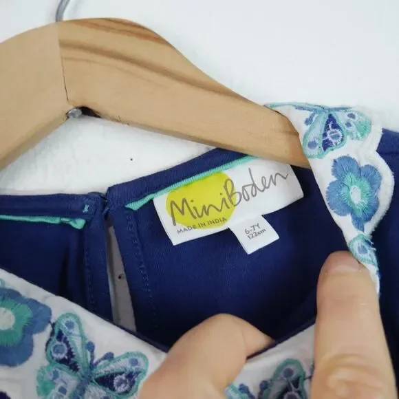 Mini Boden Girls Dress 6 7 Y Blue Cotton Short Sleeve Embroidered Collar Floral - Picture 3 of 7